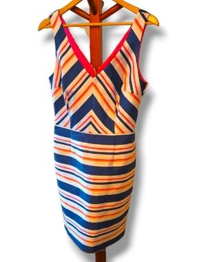 Trina Turk Sleeveless Striped Sheath Dress in Navy, White & Pink